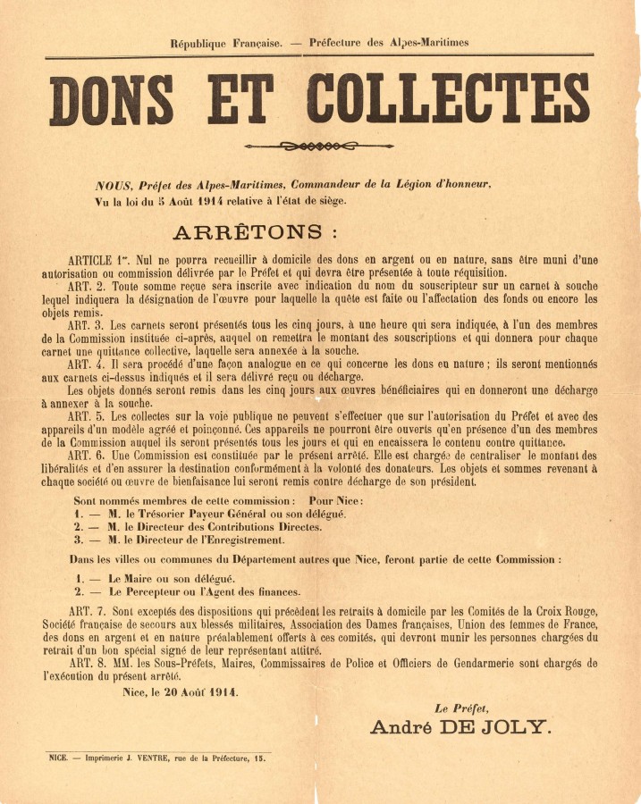 Dons et collectes, 1914