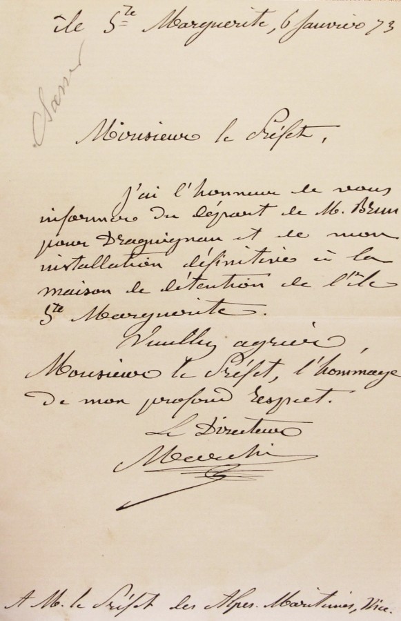 Nomination de monsieur MARCHI, directeur de la prison de l'le Sainte Marguerite - 6 janvier 1873(AD06_1Y24)