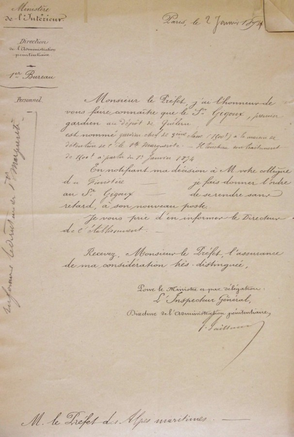 Nomination des gardiens de prison de l'le Sainte Marguerite - Monsieur GIGOUX - 2 janvier 1874 (AD06_1Y24)