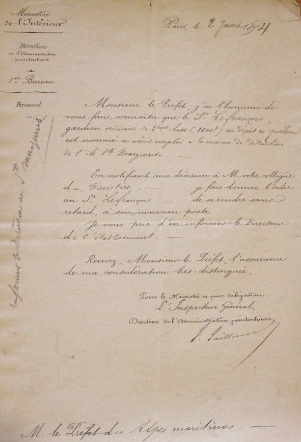 Nomination des gardiens de prison de l'le Sainte Marguerite - Monsieur LEFRANCOIS - 2 janvier 1874 (AD06_1Y24)