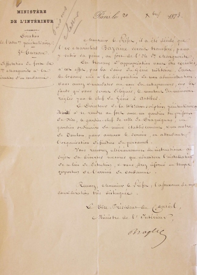 Affectation du fort de Sainte Marguerite  la dtention d'un condamn - 20 dcembre 1873 (AD06_1Y24)