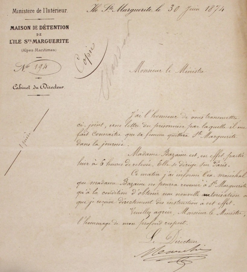 Demande du Marchal BAZAINE pour que son pouse puisse quitter l'le  - 30 juin 1874 (AD06_1Y24)