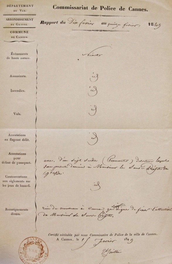 Rapports de police , arrestation d'un Sarde dserteur - 6 au 15 fvrier 1849 (AD06_4M73)