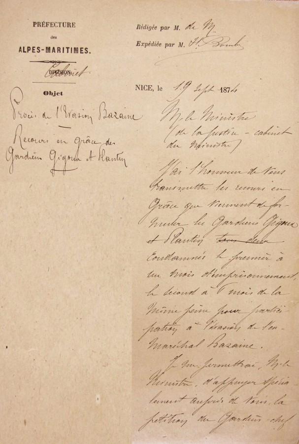 Procs de lvasion de BAZAINE, recours en grce des gardiens GIGOUX et PLANTIN - 19 septembre 1874 (AD06_1Y24)
