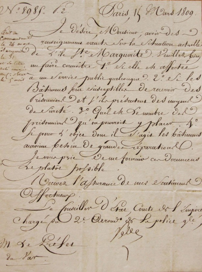 Iles de Lrins, demande pour recevoir des prisonniers sur l'le Sainte Marguerite - 14 mars 1809 (AD06_2O229)