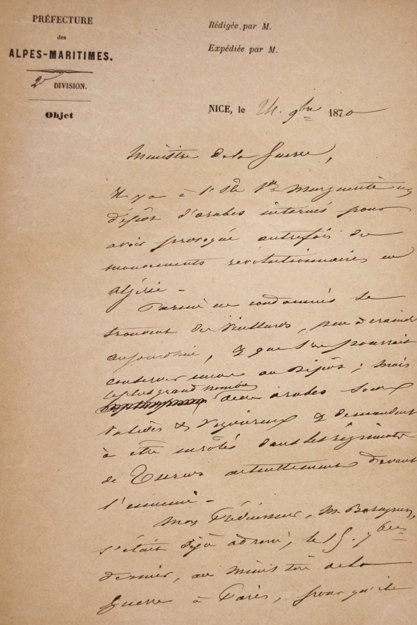 Demande du Maire de Cannes d'une remise en libert des prisonniers arabes - septembre novembre 1870 (AD06_1R304(1))