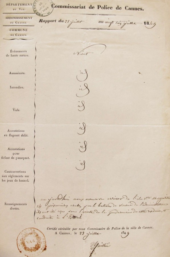 Rapports de police, arrive de prisonniers  l'le Sainte Marguerite - 23 juillet 1849 (AD06_4M73)