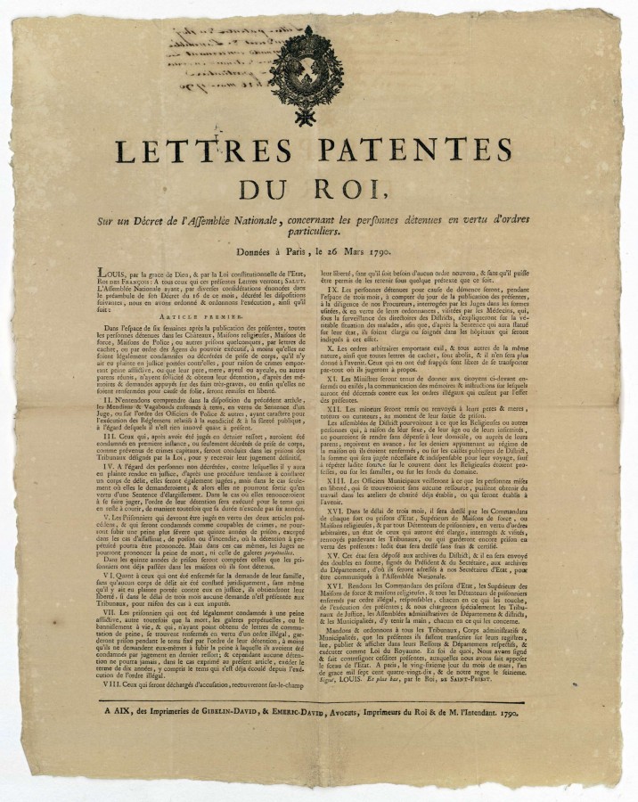 Lettres patentes du Roi concernant les personnes dtenues en vertu d'ordres particuliers en 1790 (1A1)