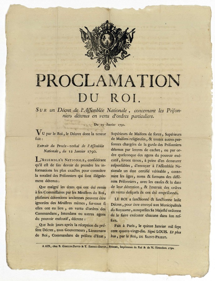 Proclamation du roi concernant les prisonniers dtenus en vertu d'ordres particuliers en 1790 (1A1)