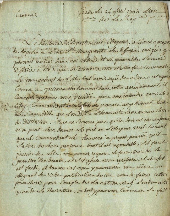 Courrier des administrateurs du Directoire  propos des migrs dtenus au fort de l'le Ste Marguerite en 1792 (2J1_001)