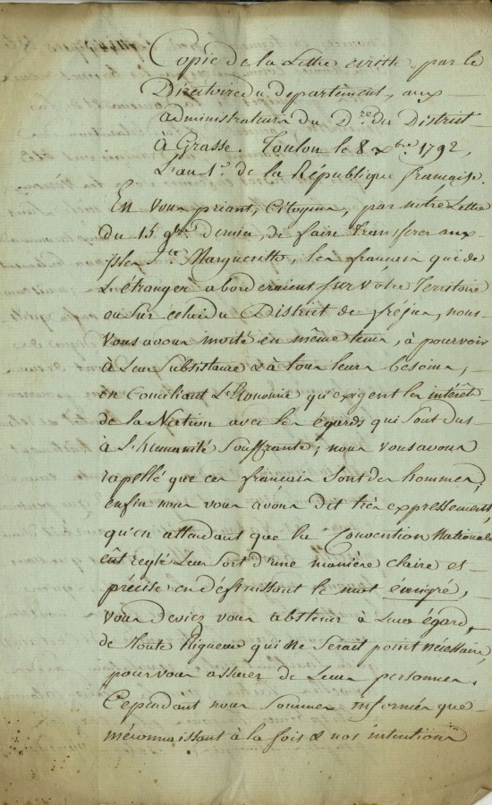 Courrier des administrateurs du Directoire  propos des migrs dtenus au fort de l'le Ste Marguerite en 1792 (2J1_003)