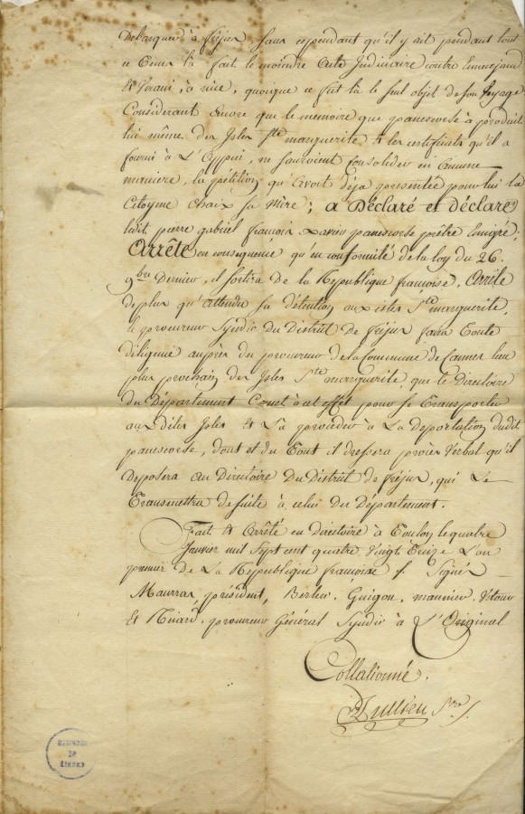 Extrait de l'arrt du Directoire du dpartement du Var concernant un prtre migr en 1793 (2J1_003)
