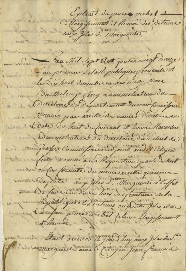 Extrait du procs verbal du renvoi des dtenus migrs de l'le Sainte Marguerite en 1792 (2J1)