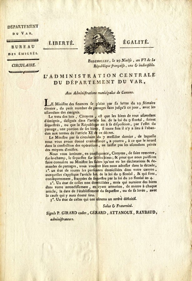 Mise sous squestre des biens des ascendants d'migrs, 1796 (2J2)