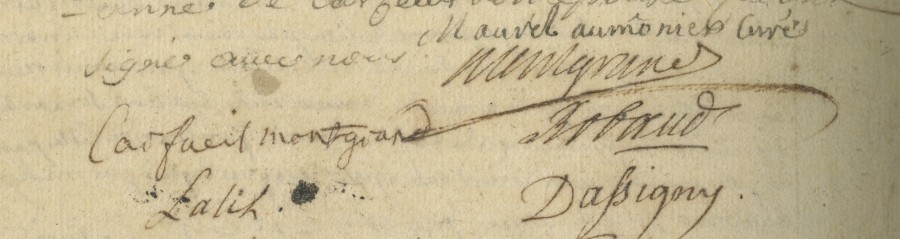 Signatures en 1761, registre paroissial de l'le (GG9)