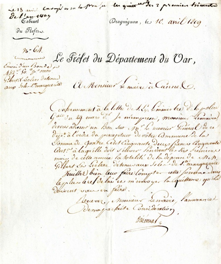 Somme alloue pour 6 mois de dtention, avril 1809 (4J3)