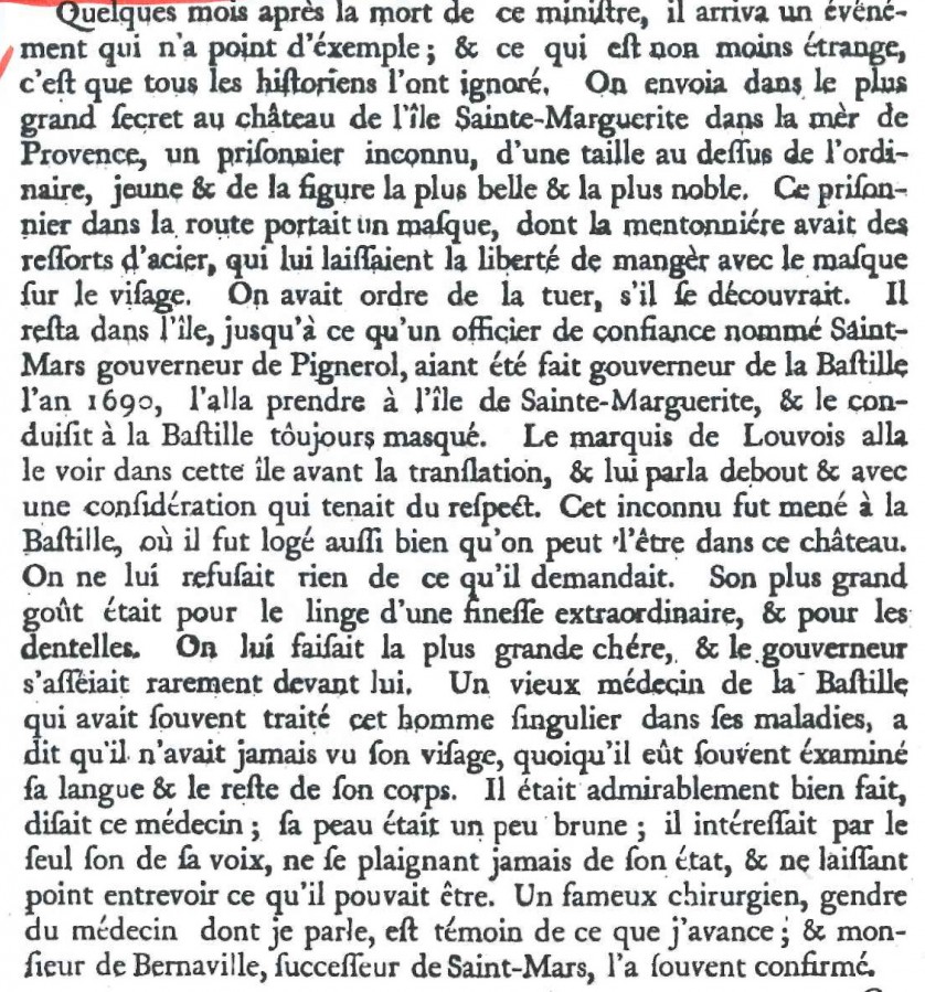 Page de Voltaire, qui fut le premier  se passionner pour ce mystre