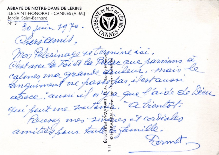 Ecrit d'un plerin, carte postale expdie de Saint-Honorat, 1970, AMC 54Fix.
