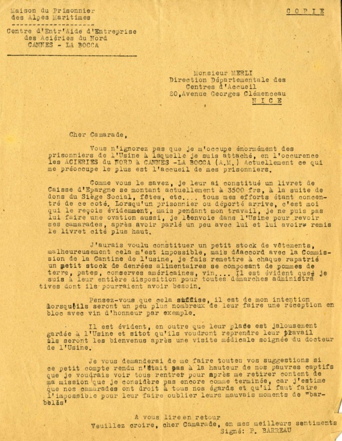 Lettre pour l'aide aux prisonniers des usines des Acieries du Nord. 1945 (4H64)