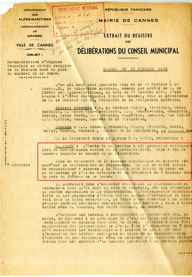 Dlibration municipale pour la reconstruction en urgence de l'cole de la Roubine dans le parc du chteau de la Bocca. 1945 (18W17)