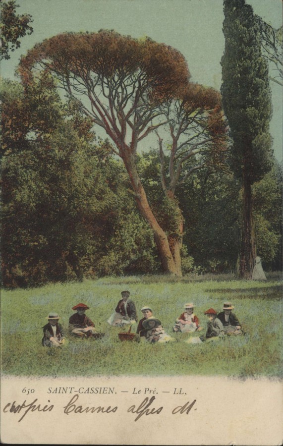 Carte postale reprsentant un pique-nique  Saint-Cassien : estivants avec chapeaux, assis dans l'herbe avec paniers, cyprs et pins en arrire-plan. Annes 1900 (2Fi2351)