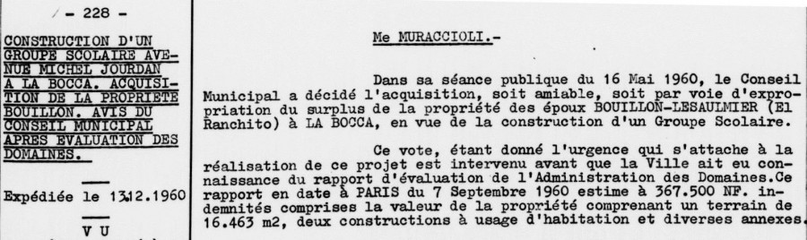 Dlibration municipale pour la construction d'un groupe scolaire Avenue Michel Jourdan. 1960 (90W13)