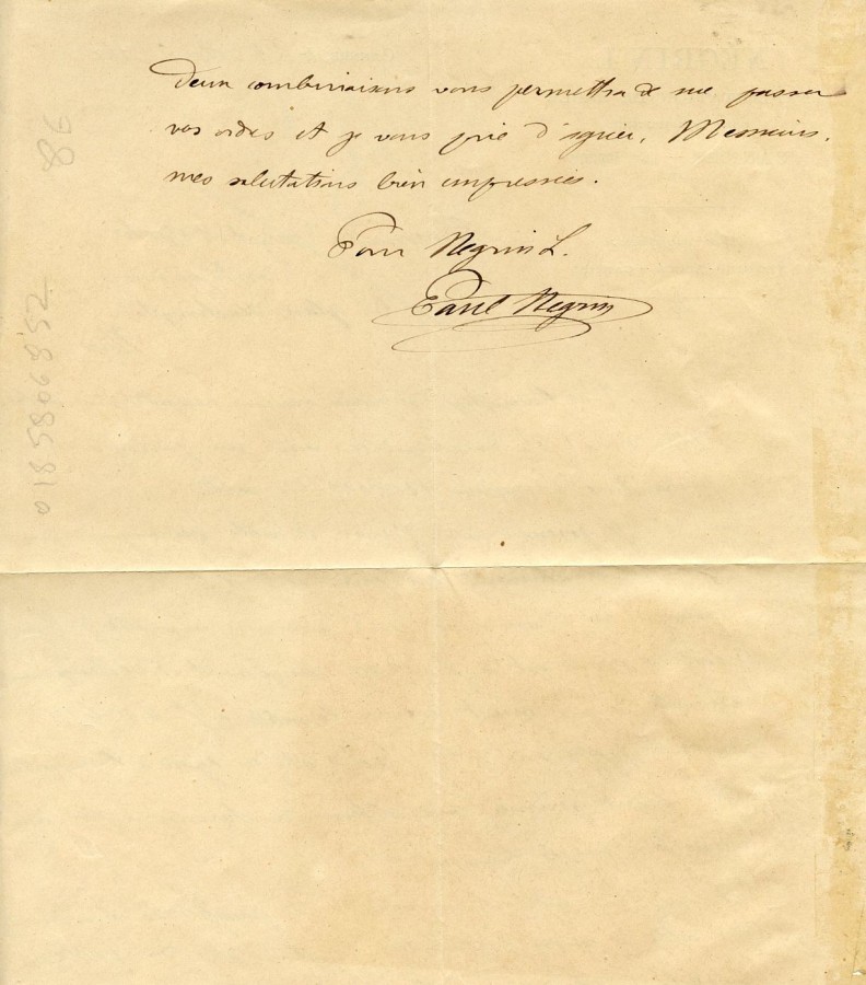 Fin de la lettre de Paul Ngrin pour le sable  livrer 1892 (AMC 59S15)