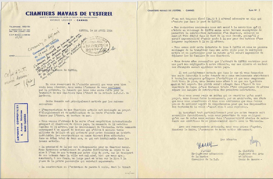 Commande pour les Chantiers navals de l'Estrel 1954 (lettre au maire)