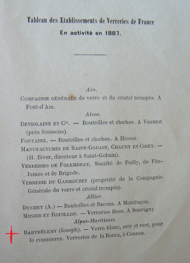 La verrerie de la Bocca, liste avec d'autres verreries en France, 1887 