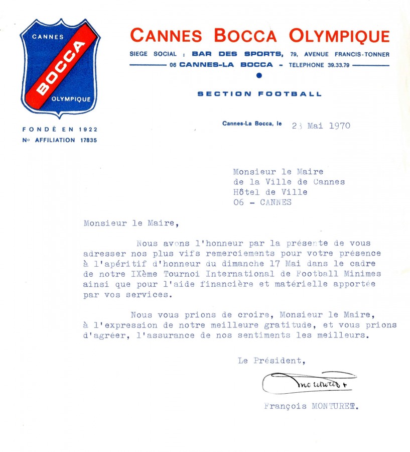 Bocca Olympique, lettre de 1970 (AMC 36W36)