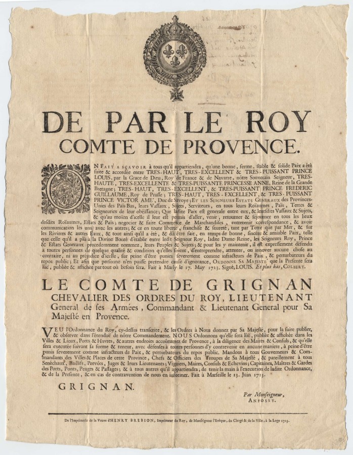 Ordonnance, paix entre la Grande-Bretagne et la France, 1713, AMC EE1_026