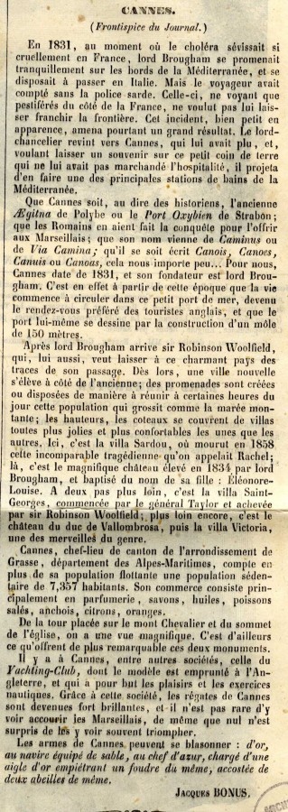 Article du Journal Illustr de 1865,  propos de Brougham et de Woolfield, AMC 11S9, extrait.