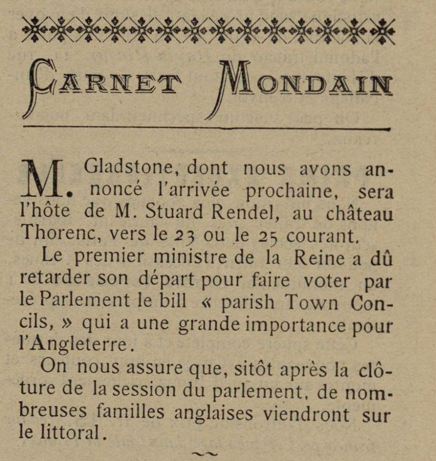 Sjour de W. E. Glastone  Cannes, 1894, encart mondain de La Vie Cannoise