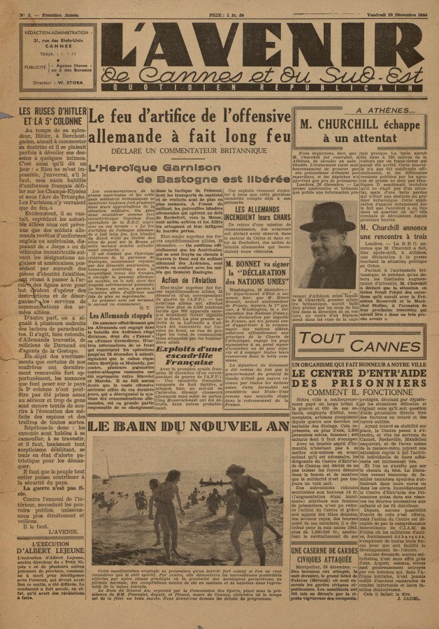 Churchill chappe  un attentat en une de L'Avenir de Cannes, 1944 (Jx14)