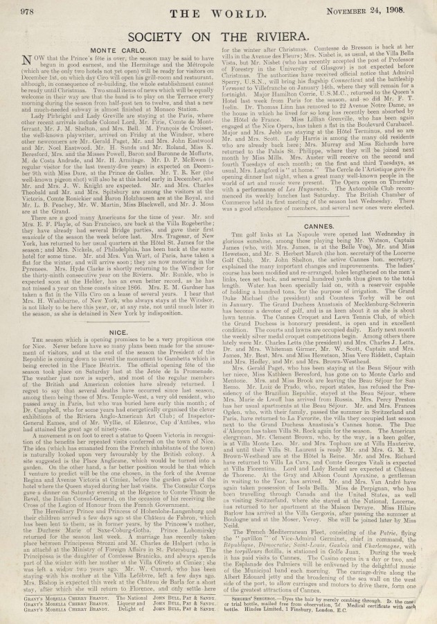 Society on the Riviera : encart sur Cannes, page du journal The World, 1908 (106Num1_p30)