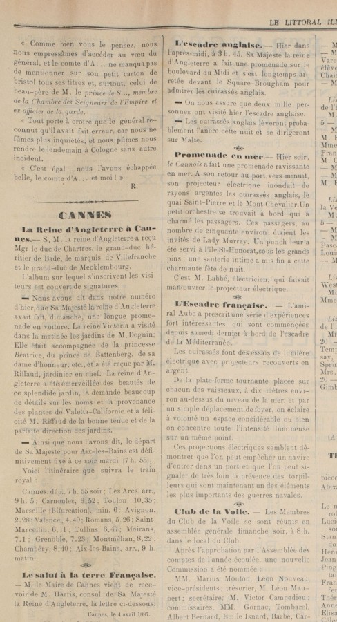 Que fait la reine  Cannes ? (Littoral illustr, Jx45, le 6 avril 1887)