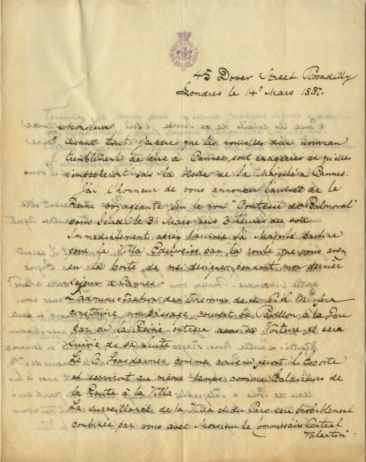 Lettre au sujet du voyage de la reine vers Cannes, mars 1887 (1)
