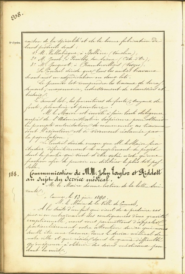 Bas de page : Communication de Messieurs Taylor et Riddett au sujet du service mdical 1890 (1D31_0215)