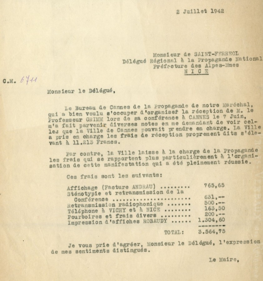 Lettre du Bureau de Cannes de la Propagande, 1942 (4H43)