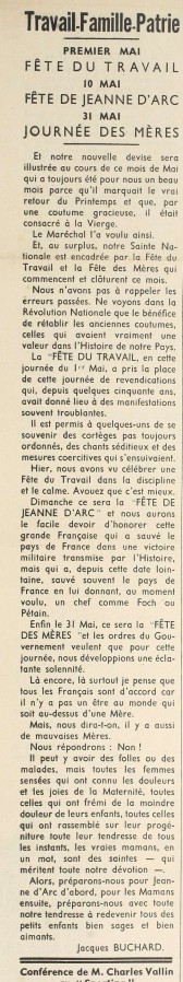 Article du journal le Littoral au sujet de l'organisation des fêtes "Travail - Famille - Patrie", 7 mai 1942 (Jx45)
