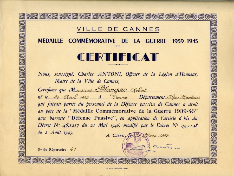 Diplme pour la mdaille commmorative de guerre 1939-1945 aux membres de la Dfense Passive, 1953 (4H18)