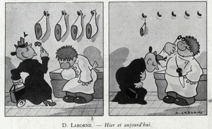 Dessins humoristiques sur le ravitaillement issu du journal l'Illustration, 14 mars 1942 (Jx31)