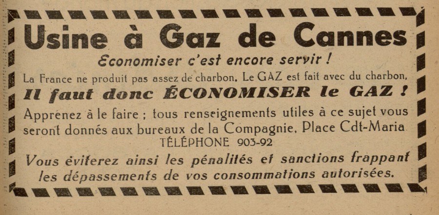 Article dans les Annuaires de Cannes sur l'conomie de gaz, 1943 (Jx65)