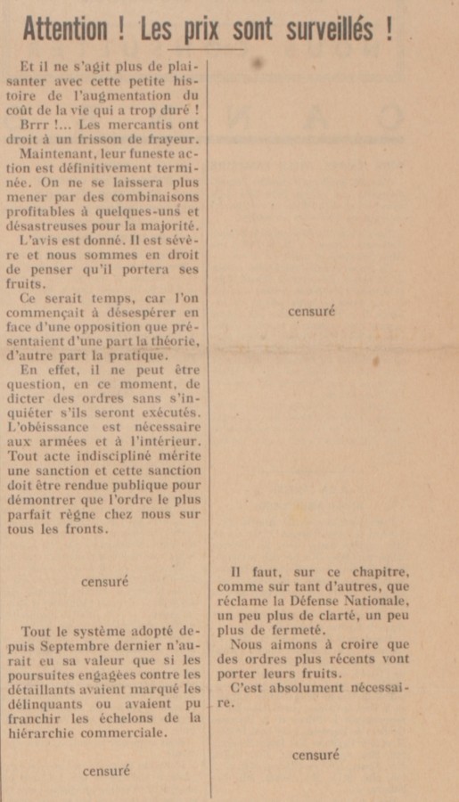 Article du journal le Littoral sur les prix surveills et la censure, 25 avril 1940 (Jx45)