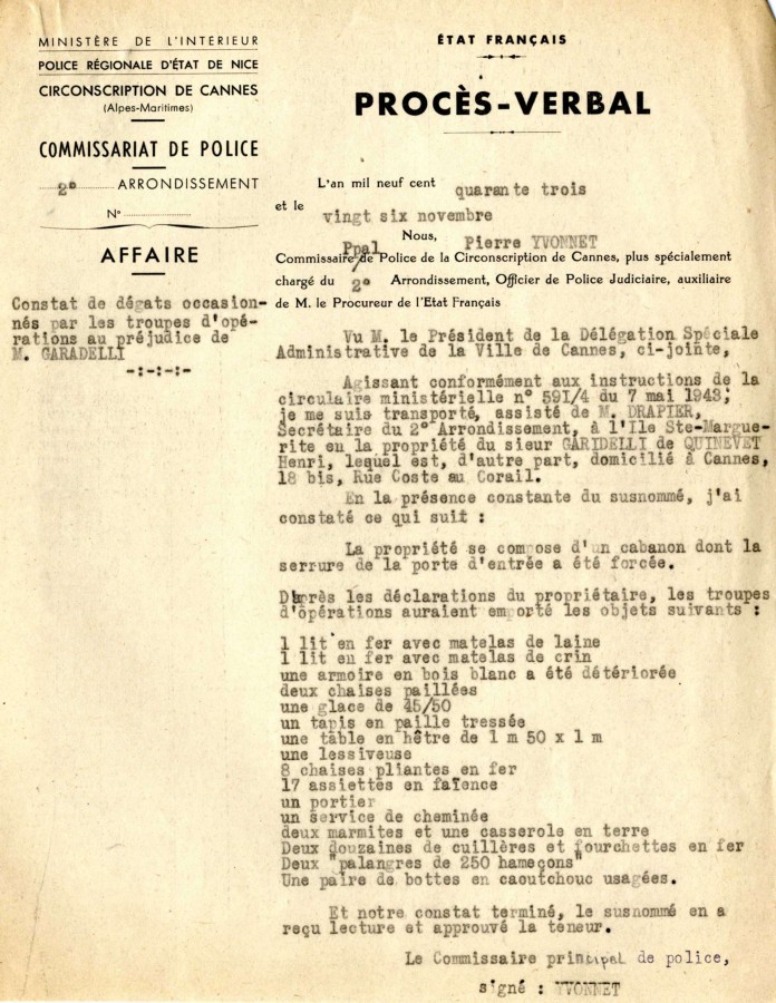 L'occupation italienne - Les dgts occasionns sur l'le Sainte-Marguerite, 1943 (4H31)