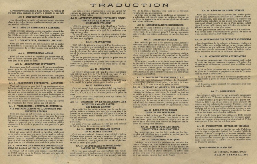 L'occupation italienne - Extrait d'une affiche contenant les instructions des troupes d'opration italienne, 1943 (4H31)