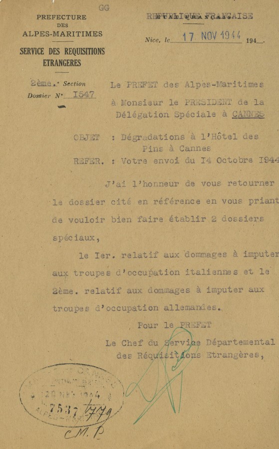 Lettre au sujet des dgradations de l'htel des Pins, 1944 (4H25)