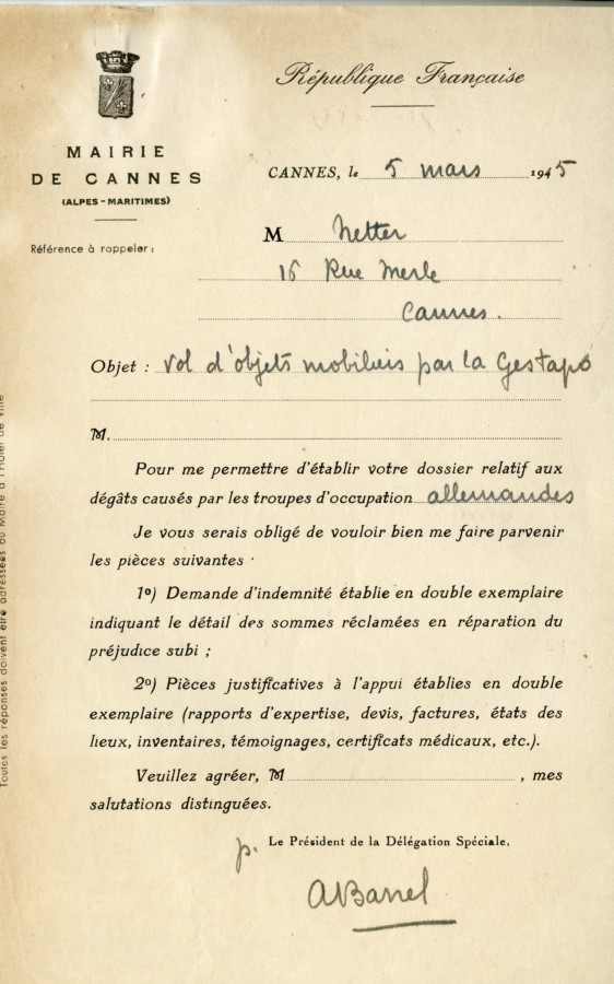Lettre au sujet d'un vol d'objet par la Gestapo, 1945 (4H35)