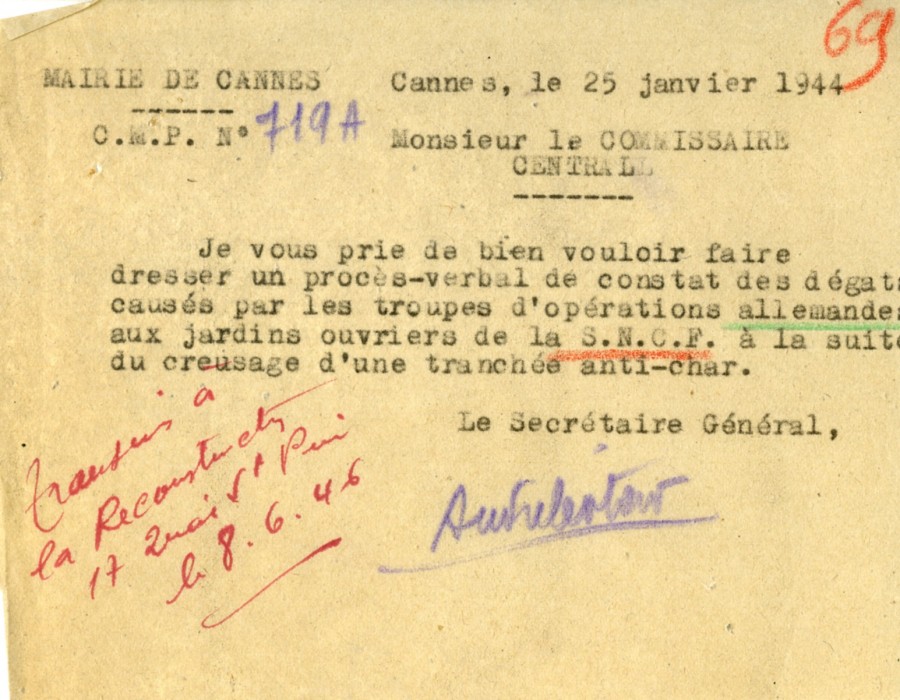 Lettre au sujet des dgts causs aux jardins ouvriers de La Bocca, 1944 (4H35) 