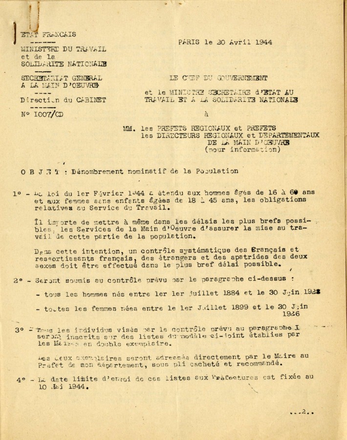 Dnombrement nominatif de la population pour le Service du Travail Obligatoire, 1944 (4H52)